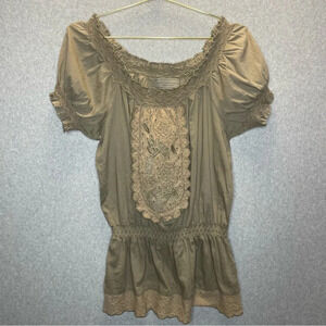 Double D Ranch Lace Embroidered Peplum Puff Sleeve Boho Top